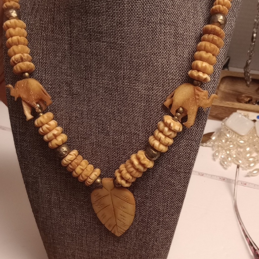 Handcrafted Bone Or Wood Tan Elephant Necklace  Bought In Brazil In 1985 27in